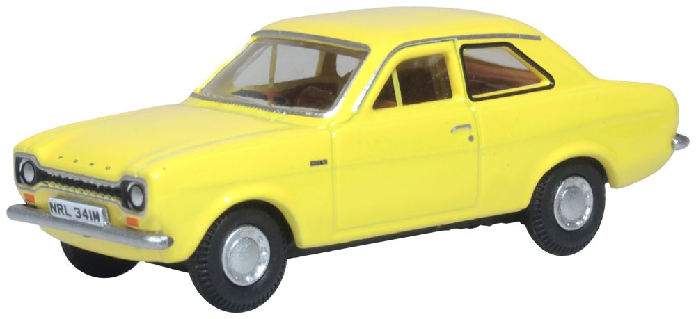 Model of the Ford Escort Mk1 Daytona Yellow by Oxford at 1:76 scale.