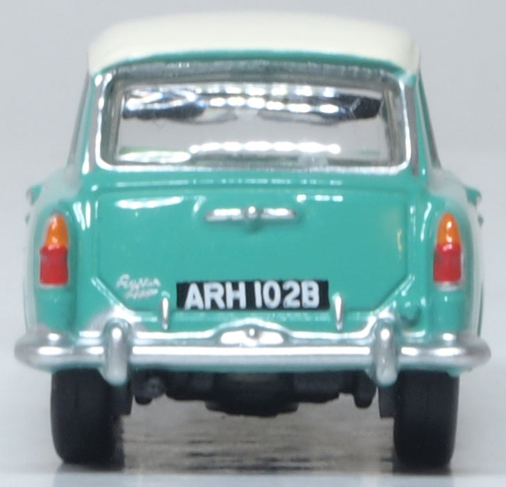 Model of the Austin A40 MkII Fern Green/Snowberry White by Oxford at 1:76 scale.