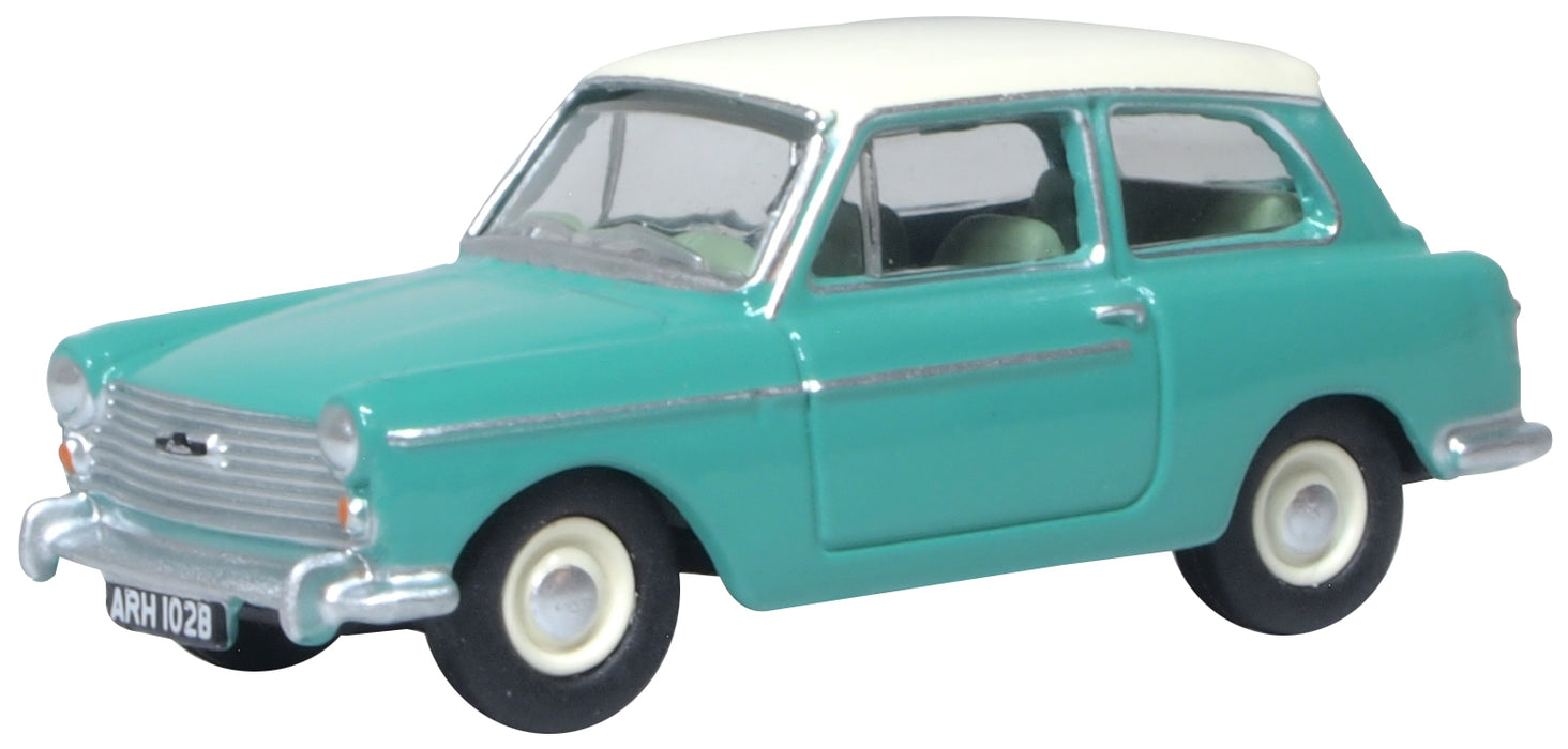 Model of the Austin A40 MkII Fern Green/Snowberry White by Oxford at 1:76 scale.