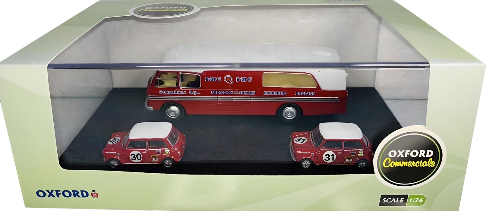 Oxford Diecast BMC Car Transporter & Two Minis BMC Competitions Dept 1:76 scale