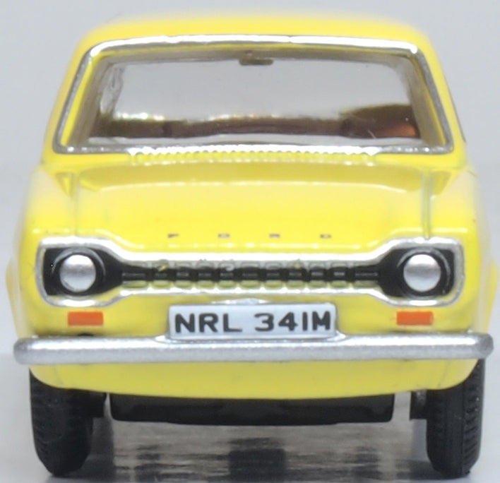Model of the Ford Escort Mk1 Daytona Yellow by Oxford at 1:76 scale.