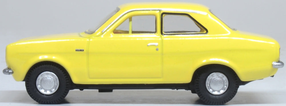 Model of the Ford Escort Mk1 Daytona Yellow by Oxford at 1:76 scale.
