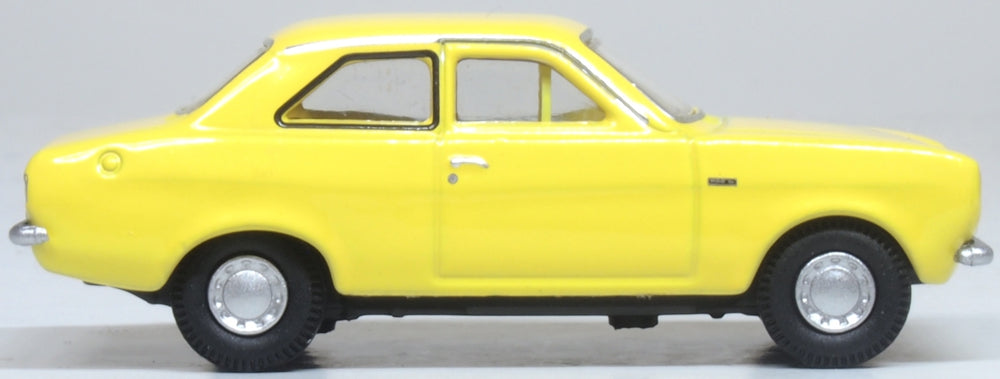 Model of the Ford Escort Mk1 Daytona Yellow by Oxford at 1:76 scale.