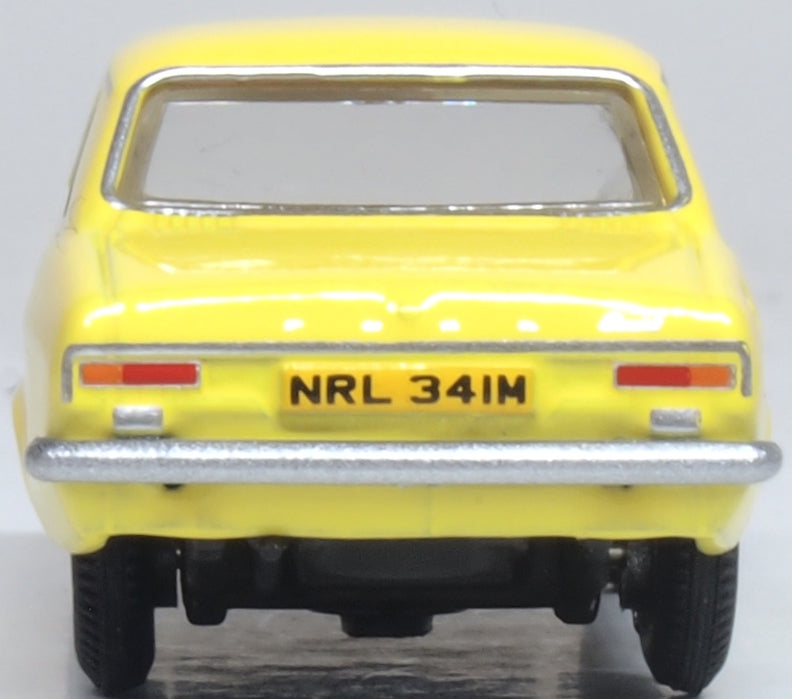 Model of the Ford Escort Mk1 Daytona Yellow by Oxford at 1:76 scale.