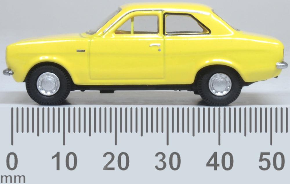 Model of the Ford Escort Mk1 Daytona Yellow by Oxford at 1:76 scale.