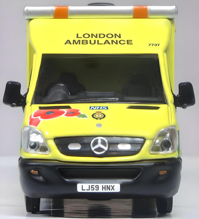 Oxford Diecast Mercedes Ambulance London Ambulance Service(Remembrance Day) Poppy Appeal 1:76 Scale Model Front