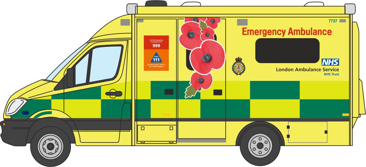 Oxford Diecast Mercedes Ambulance London Ambulance Service(Remembrance Day) Poppy Appeal 1:76 Scale Model Line Drawing