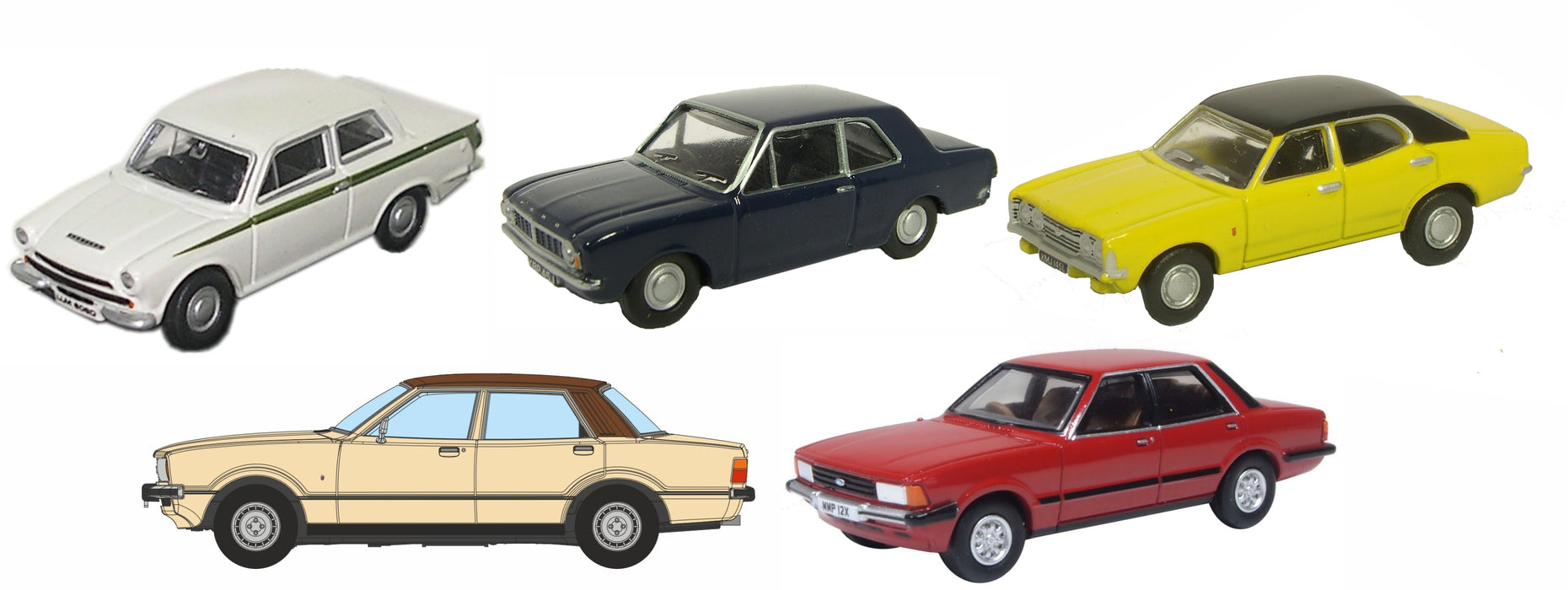 Oxford Diecast 5 Piece Ford Cortina Set Mk1/2/3/4/5 1:76 Scale
