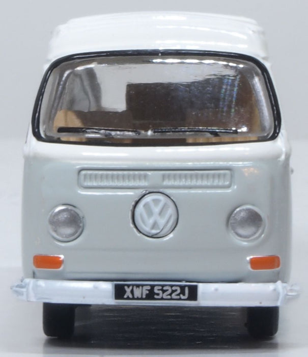 Model of the VW Bay Window Camper Silver Grey/White by Oxford at 1:76 scale.