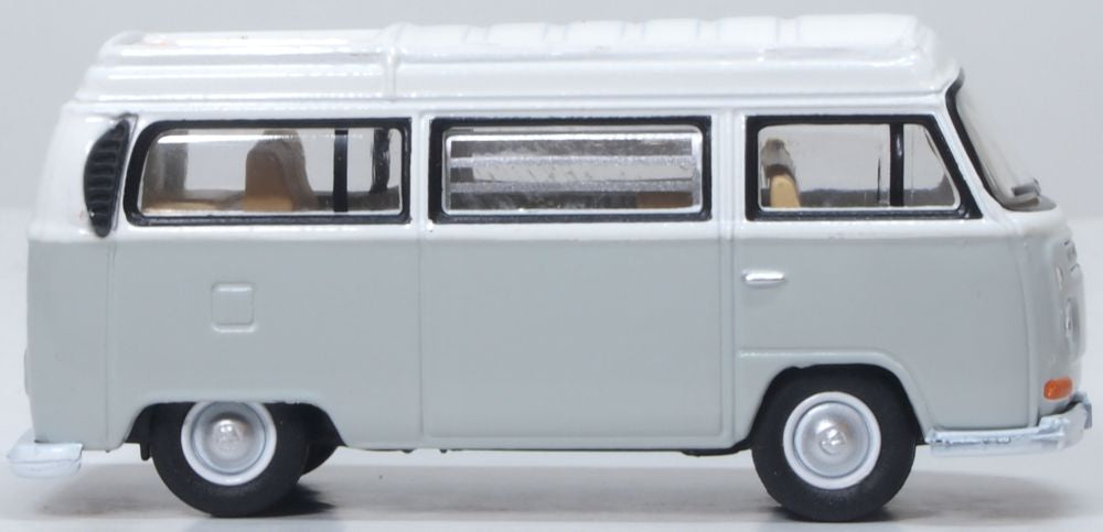 Model of the VW Bay Window Camper Silver Grey/White by Oxford at 1:76 scale.