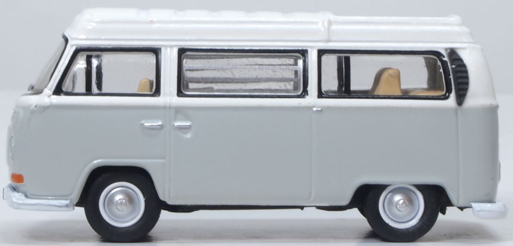 Model of the VW Bay Window Camper Silver Grey/White by Oxford at 1:76 scale.