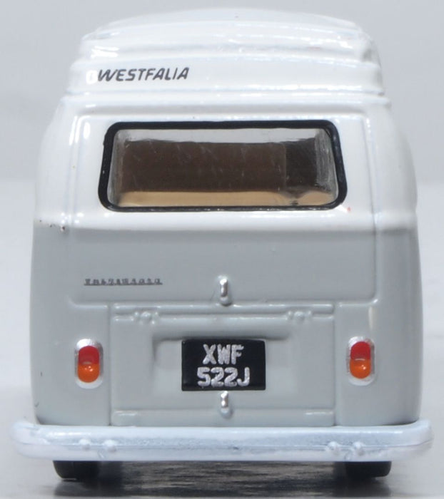 Model of the VW Bay Window Camper Silver Grey/White by Oxford at 1:76 scale.
