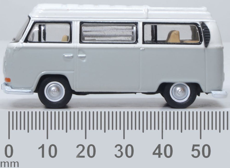 Model of the VW Bay Window Camper Silver Grey/White by Oxford at 1:76 scale.