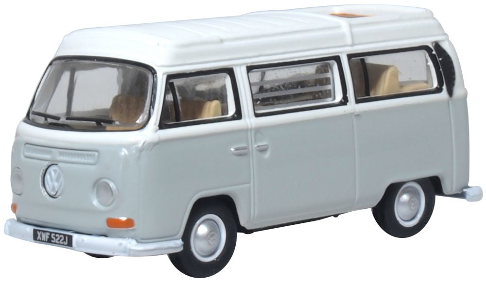 Model of the VW Bay Window Camper Silver Grey/White by Oxford at 1:76 scale.