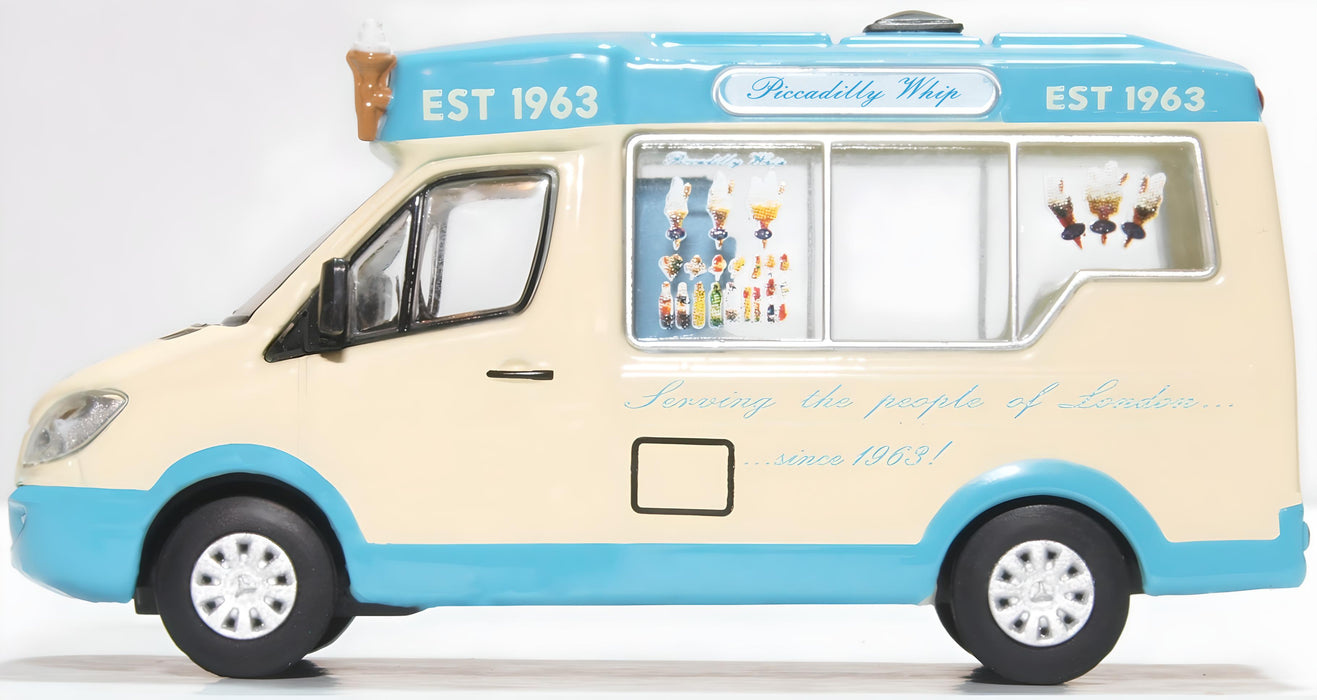 Oxford Diecast 1:76 Scale Whitby Mondial Ice Cream Van Piccadilly Whip 76WM007 Left
