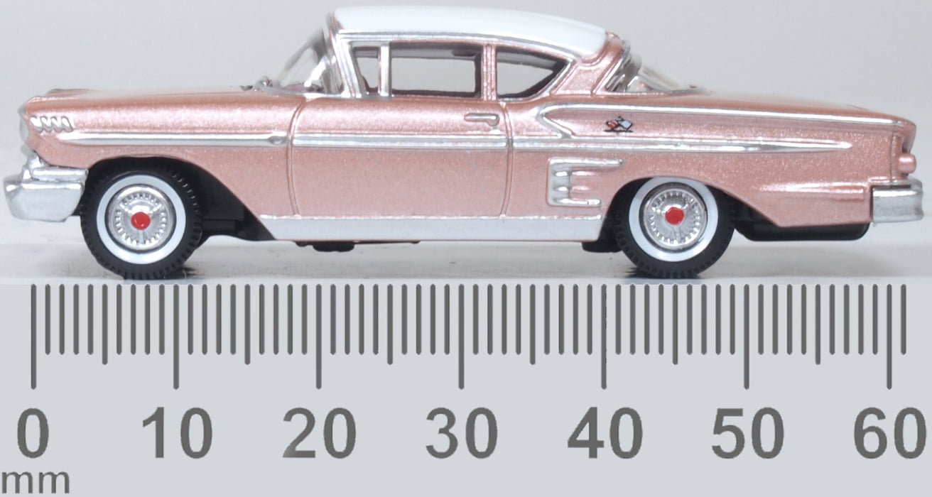 Oxford Diecast Chevrolet Impala Sport Coupe 1958 Cay Coral and White 1:87 scale