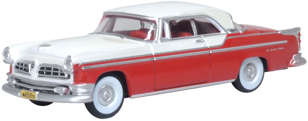 Model of the 1955 Chrysler New Yorker Deluxe Coupe St. Regis Tango Red/Platinum by Oxford at 1:87 scale.