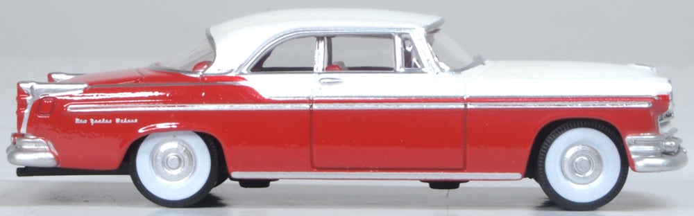Model of the 1955 Chrysler New Yorker Deluxe Coupe St. Regis Tango Red/Platinum by Oxford at 1:87 scale.