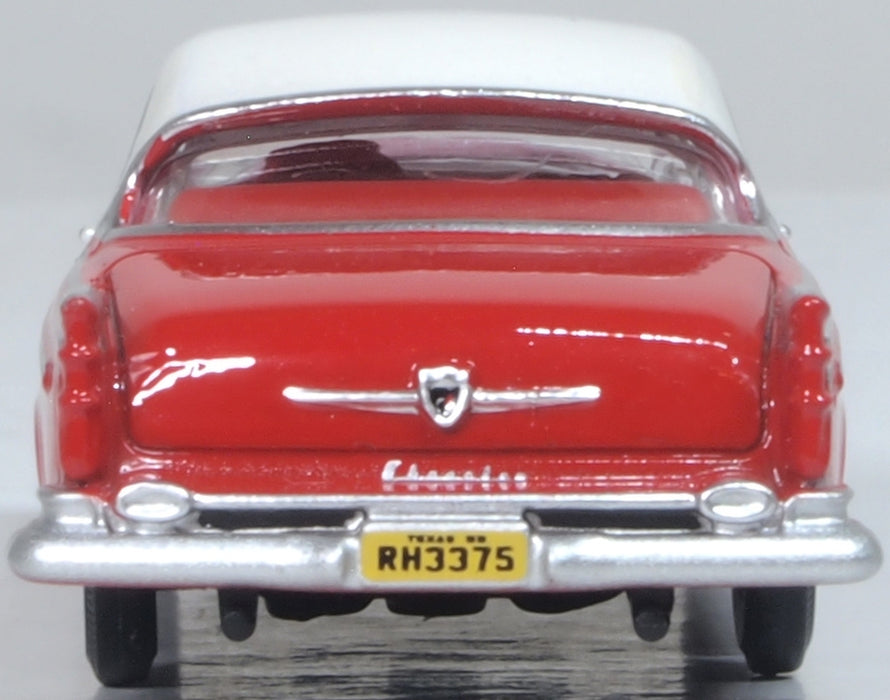 Model of the 1955 Chrysler New Yorker Deluxe Coupe St. Regis Tango Red/Platinum by Oxford at 1:87 scale.