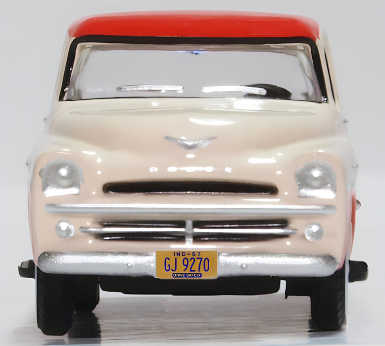 Oxford Diecast Dodge D100 Sweptside Pick Up 1957 Tropical Coral and Glacie 1:87 Scale Front
