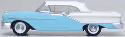 Oxford Diecast Oldsmobile 88 Convertible 1957 (Roof Up) Banff Blue and Alcan White by Oxford at 1:87 scale. Left