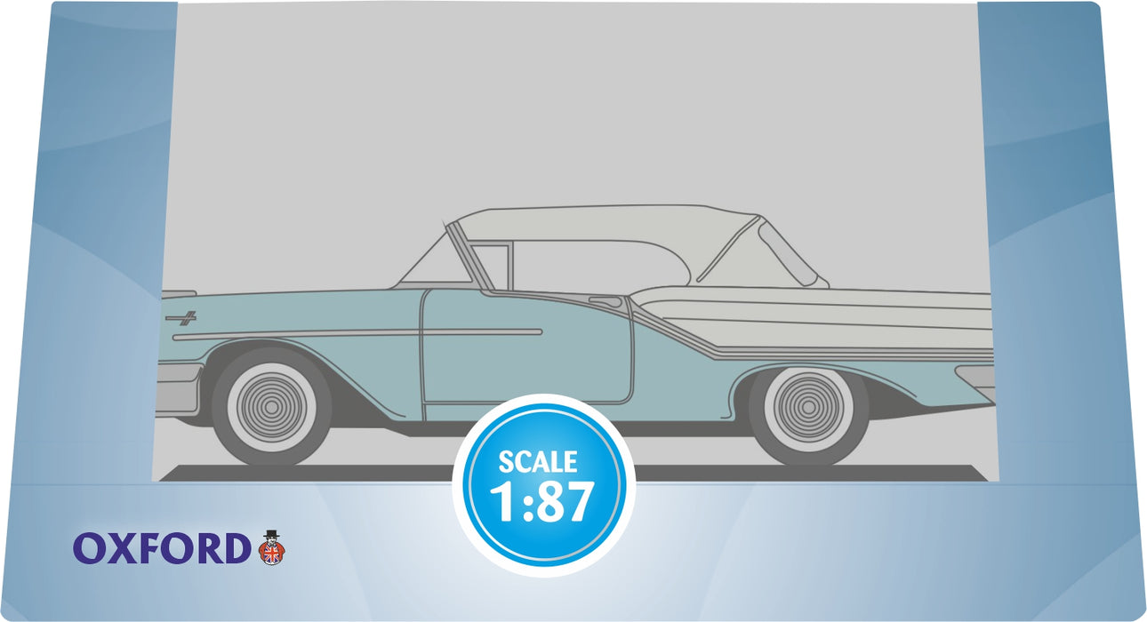 Model of the Banff Blue/Alcan White Oldsmobile 88 Convertible 1957 (Roof Up) by Oxford at 1:87 scale.