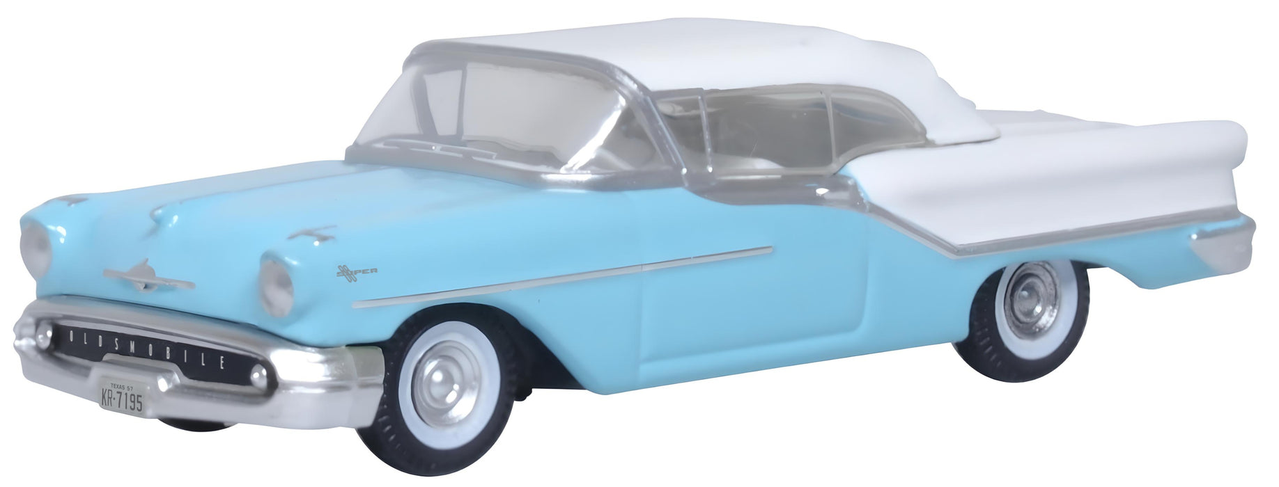Oxford Diecast Oldsmobile 88 Convertible 1957 (Roof Up) Banff Blue and Alcan White by Oxford at 1:87 scale.