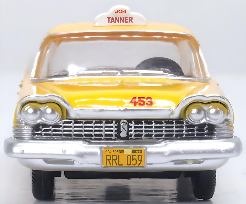 Model of the Tanner Yellow Cab Co. S California Plymouth Belvedere Sedan 1959 by Oxford at 1:87 scale. 87PS59002 Front