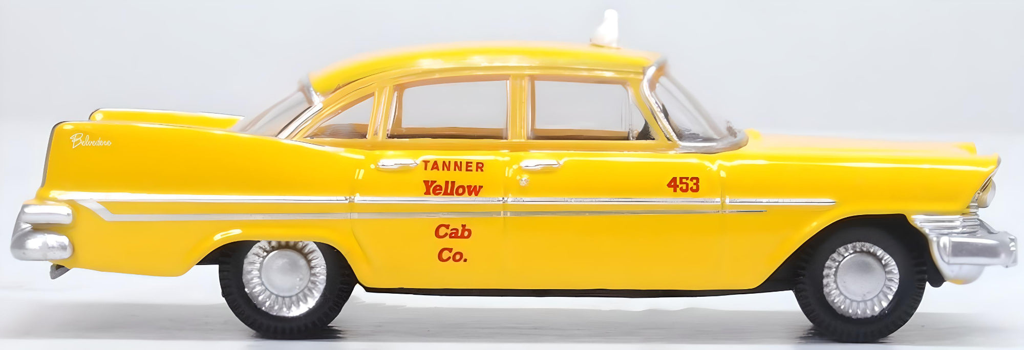 Model of the Tanner Yellow Cab Co. S California Plymouth Belvedere Sedan 1959 by Oxford at 1:87 scale. 87PS59002 Right