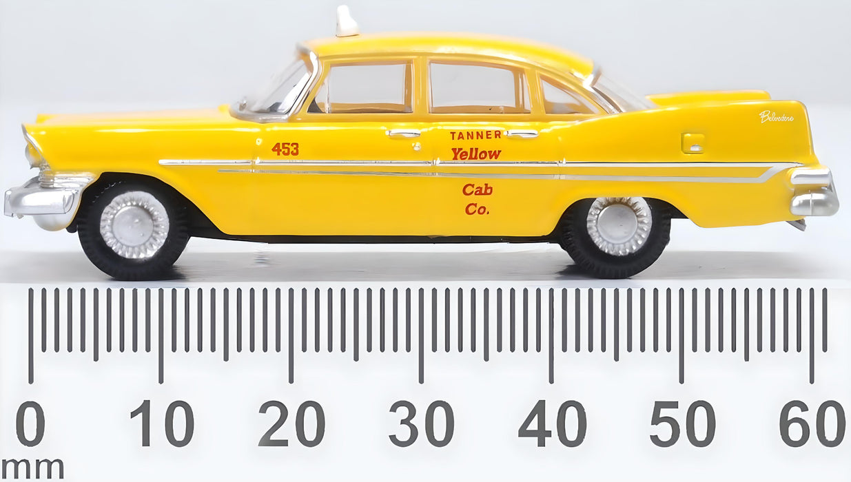 Model of the Tanner Yellow Cab Co. S California Plymouth Belvedere Sedan 1959 by Oxford at 1:87 scale. 87PS59002 Measurements
