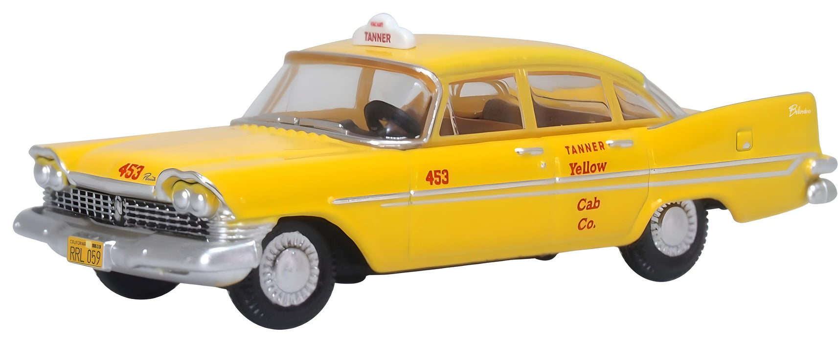 Model of the Tanner Yellow Cab Co. S California Plymouth Belvedere Sedan 1959 by Oxford at 1:87 scale. 87PS59002