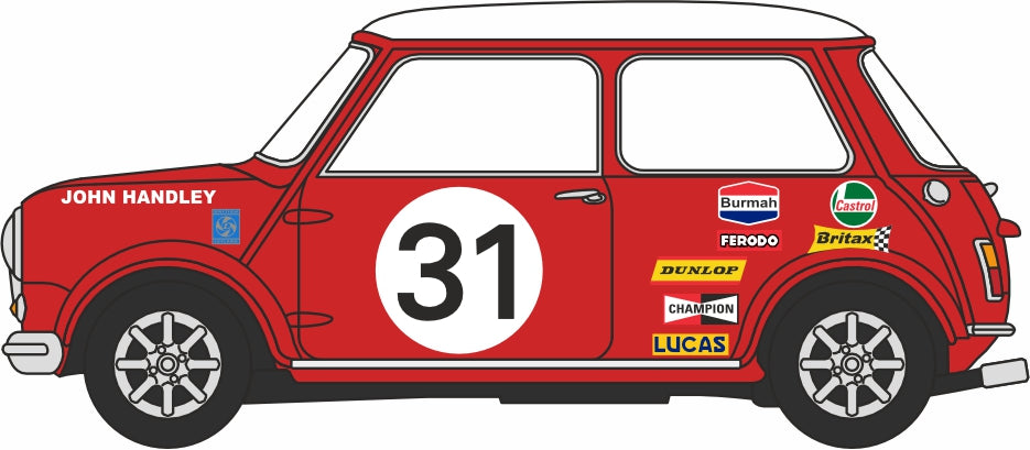 Oxford Diecast BMC Car Transporter Front with Two Mini Car 31 BMC Competitions Dept 1:76 scale left