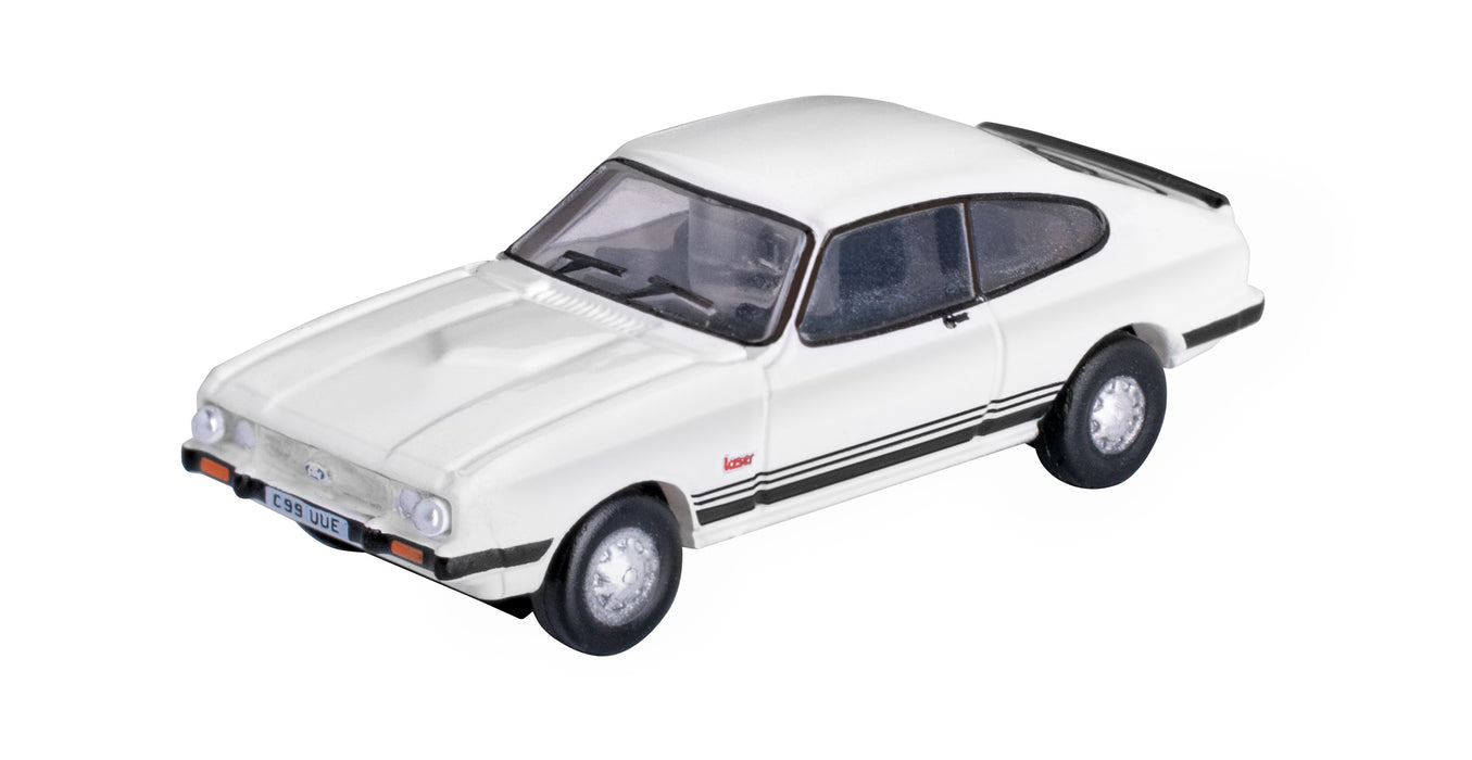 Model of the Ford Capri Mk3 Diamond White by Oxford at 1:148 scale.