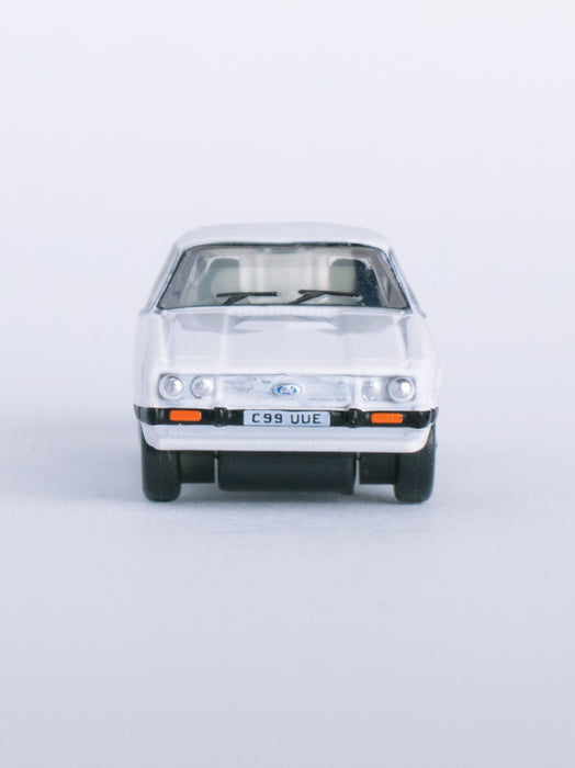 Model of the Ford Capri Mk3 Diamond White by Oxford at 1:148 scale.