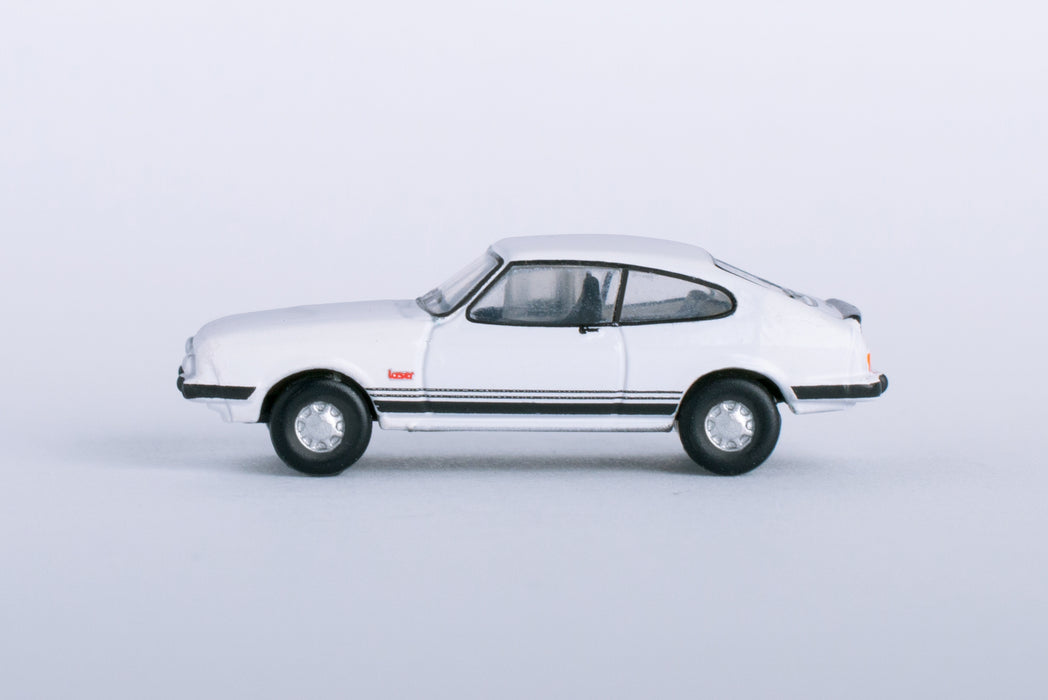 Model of the Ford Capri Mk3 Diamond White by Oxford at 1:148 scale.