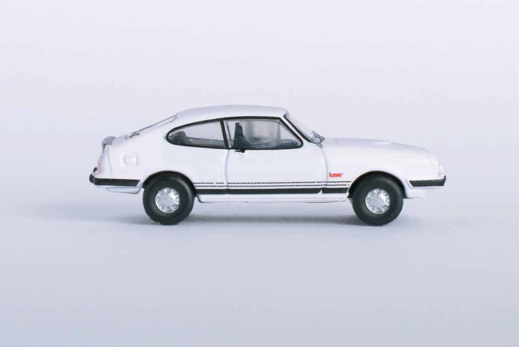 Model of the Ford Capri Mk3 Diamond White by Oxford at 1:148 scale.