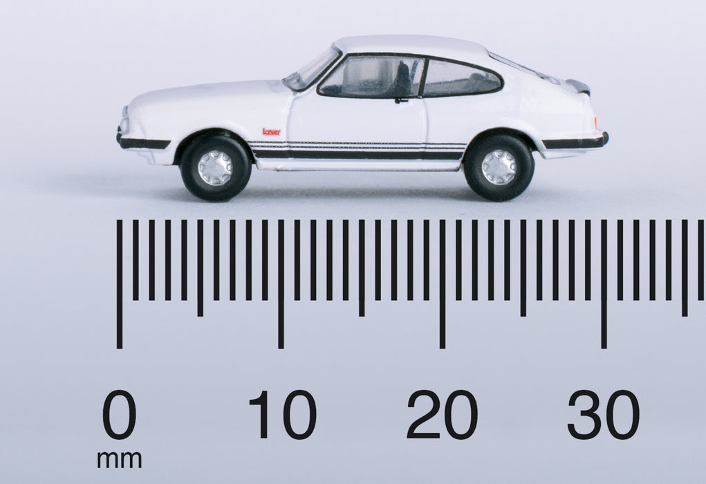 Model of the Ford Capri Mk3 Diamond White by Oxford at 1:148 scale.