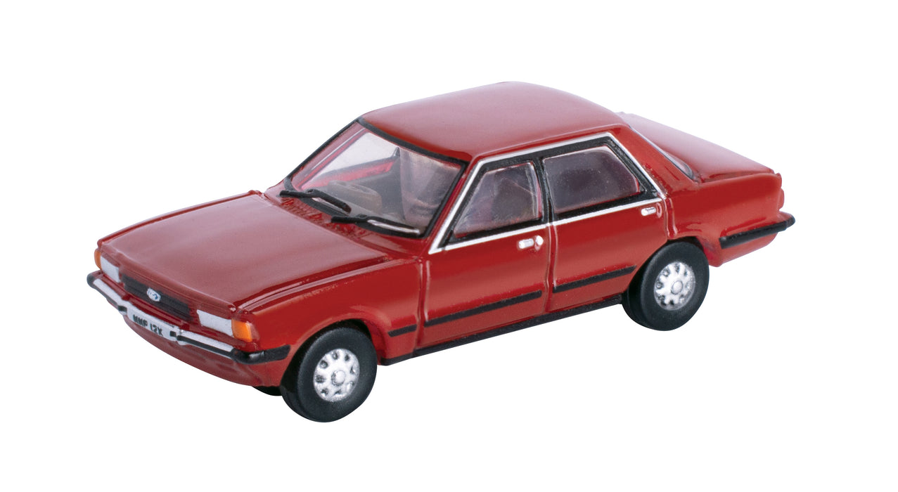 Model of the Ford Cortina Mk5 Cardinal Red by Oxford at 1:148 scale.