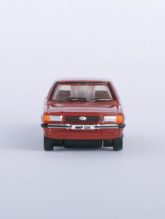 Model of the Ford Cortina Mk5 Cardinal Red by Oxford at 1:148 scale.