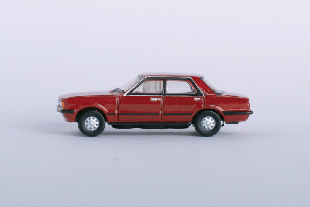 Model of the Ford Cortina Mk5 Cardinal Red by Oxford at 1:148 scale.