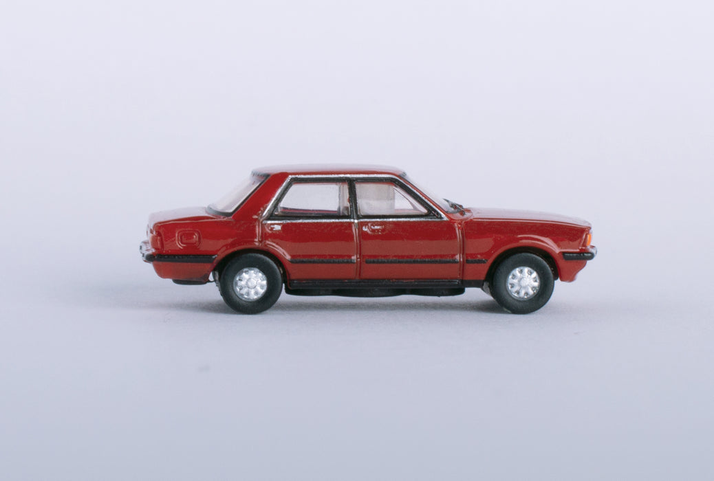 Model of the Ford Cortina Mk5 Cardinal Red by Oxford at 1:148 scale.