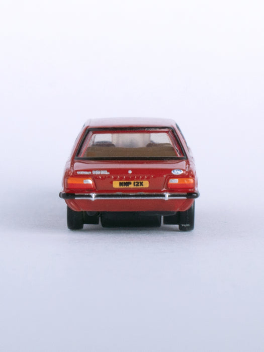 Model of the Ford Cortina Mk5 Cardinal Red by Oxford at 1:148 scale.