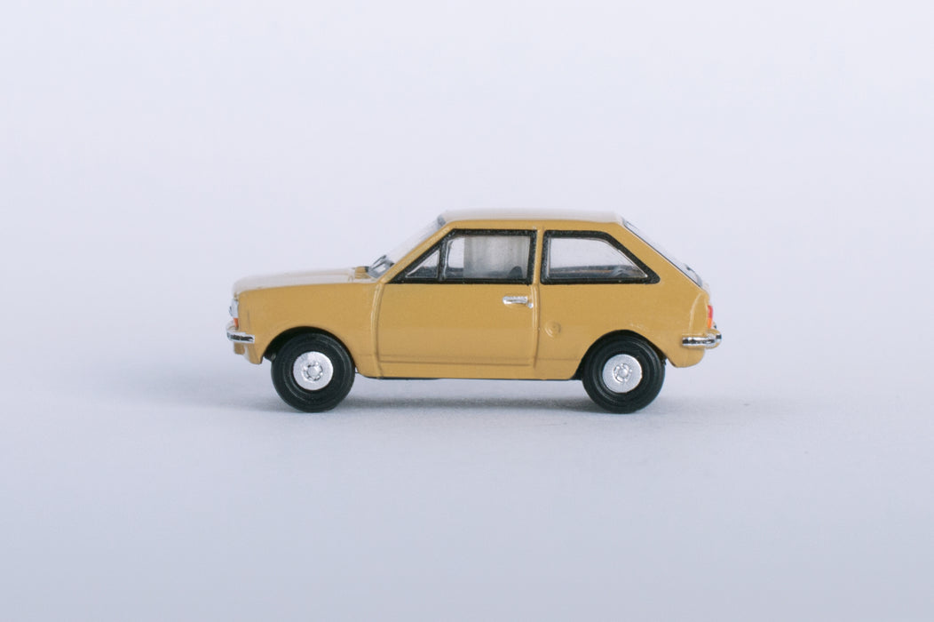 Model of the Ford Fiesta Mk1 Nevada Beige by Oxford at 1:148 scale.