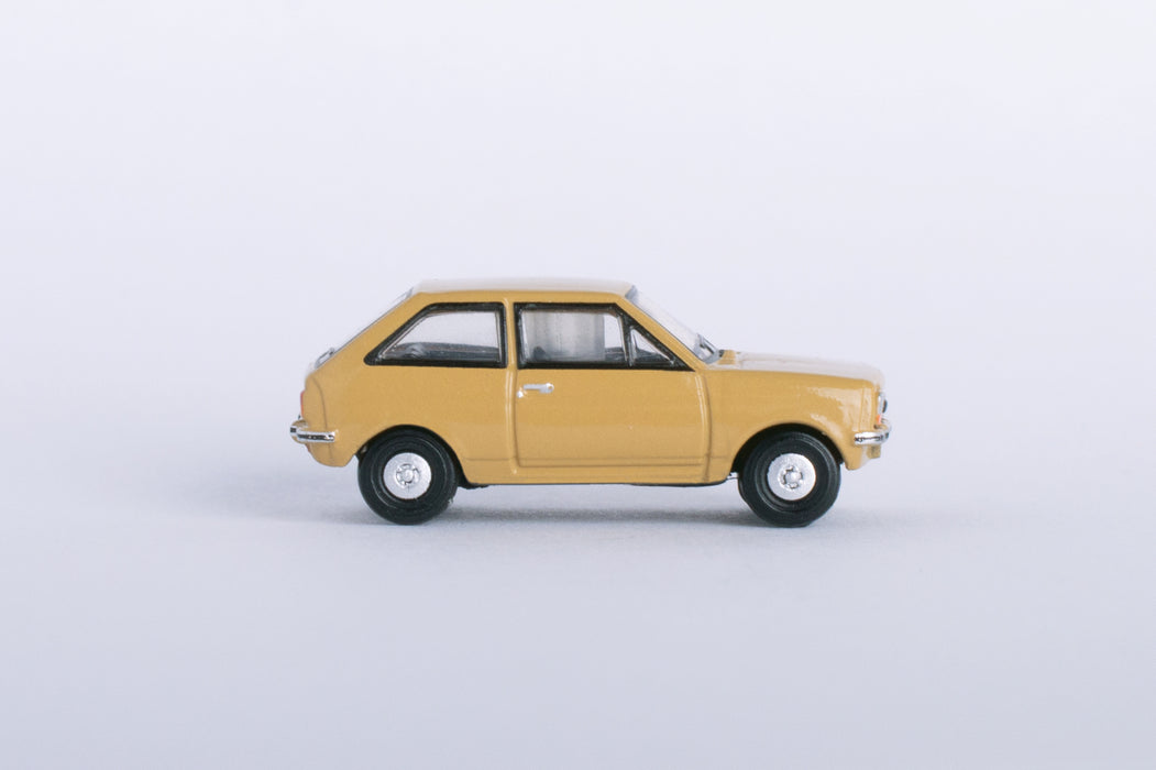 Model of the Ford Fiesta Mk1 Nevada Beige by Oxford at 1:148 scale.