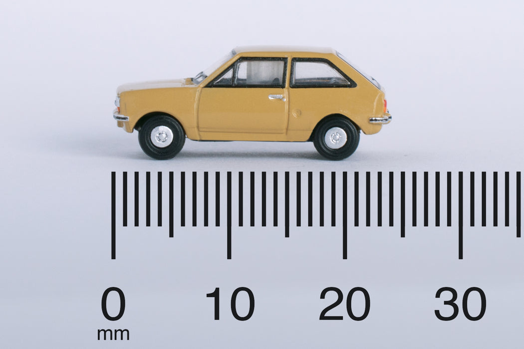 Model of the Ford Fiesta Mk1 Nevada Beige by Oxford at 1:148 scale.