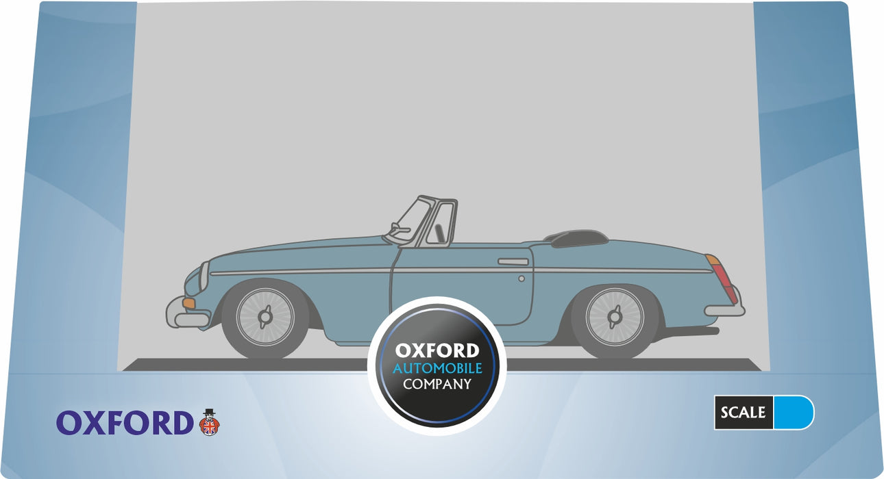 Model of the Iris Blue MGB Roadster by Oxford at 1:148 scale Pack
