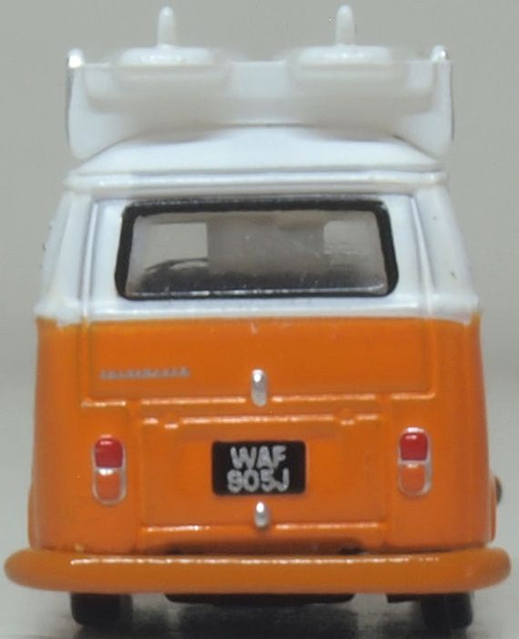 Oxford Diecast VW T2 Bay Window Bus/surfboards Signal Orange/White 1:148
