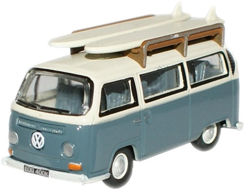 Oxford Diecast Fiord Blue/Arcona White VW Bus -Surfboards - 1:76 Scale 76VW003